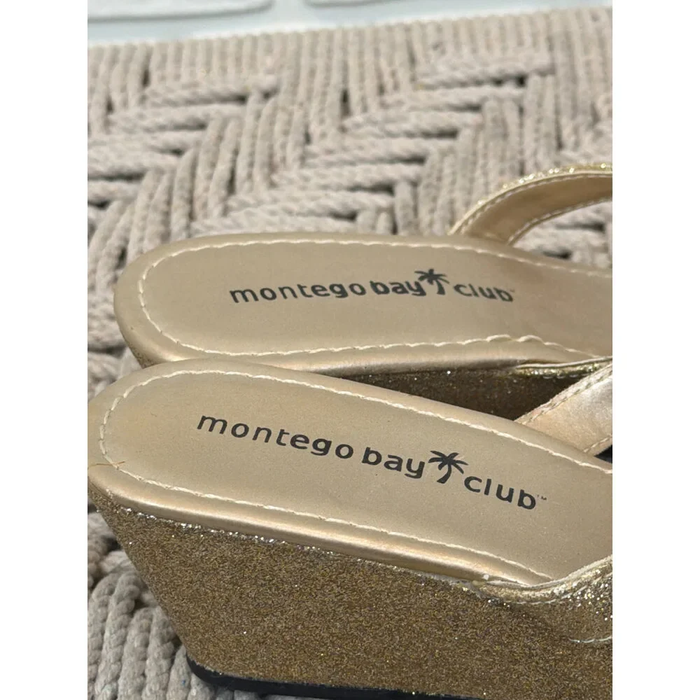 Montego Bay Club Glitter Wedge Sandals Gold Thong Size 5